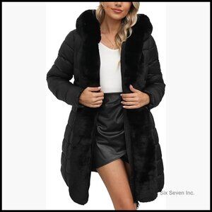 Faux Leather Puffer Jacket with Faux Fur Hood and Belt, Water-Resistant